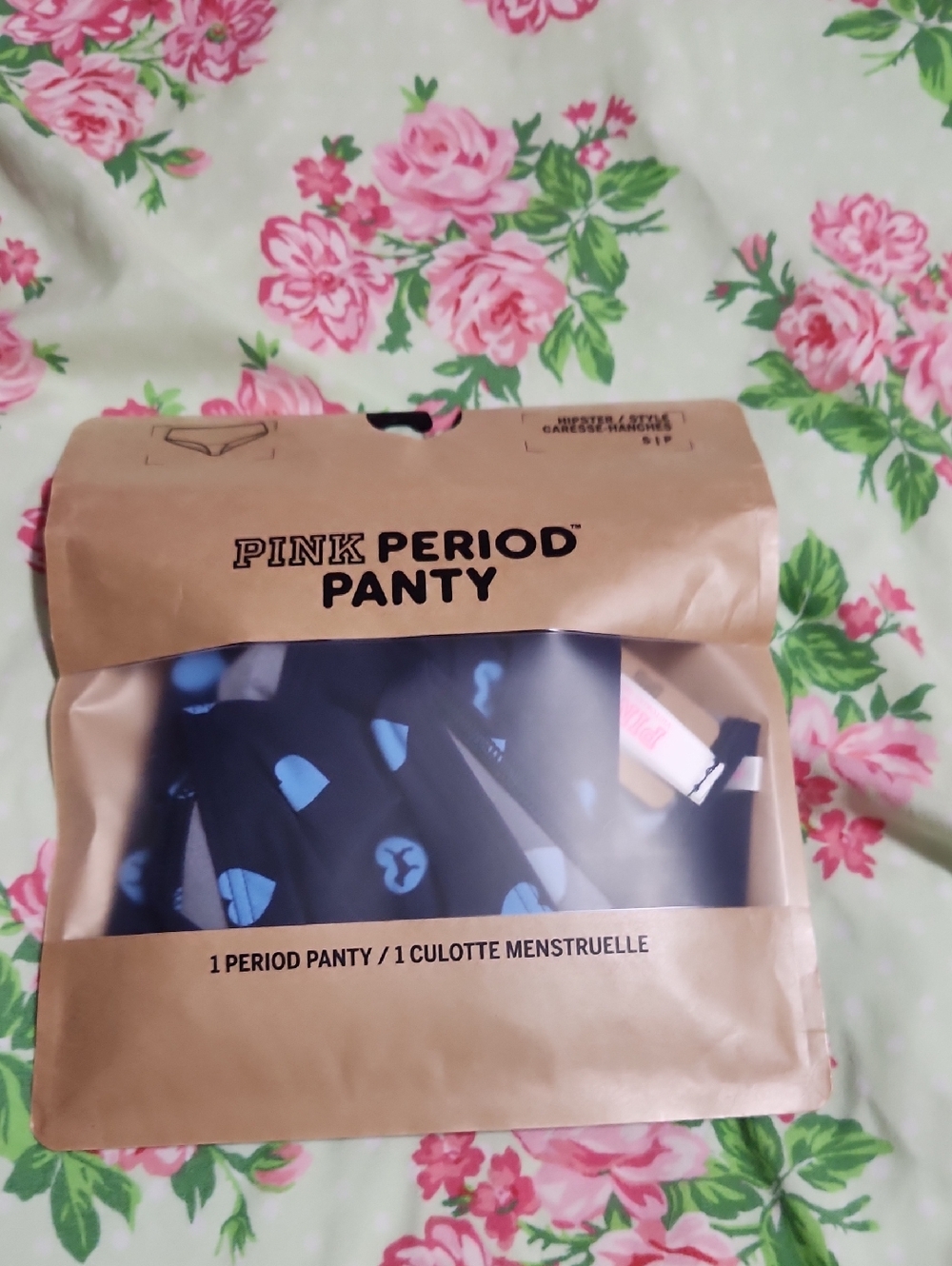 PINK Victoria's Secret Black Period Panty with Blue Print